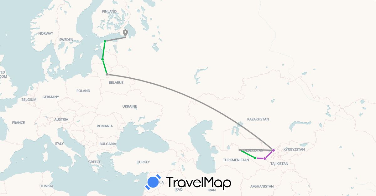 TravelMap itinerary: driving, bus, plane, train in Estonia, Latvia, Russia, Uzbekistan (Asia, Europe)